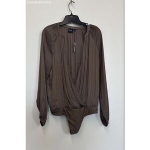 Gap Taupe long-sleeved satin‎ wrap bodysuit - Size M